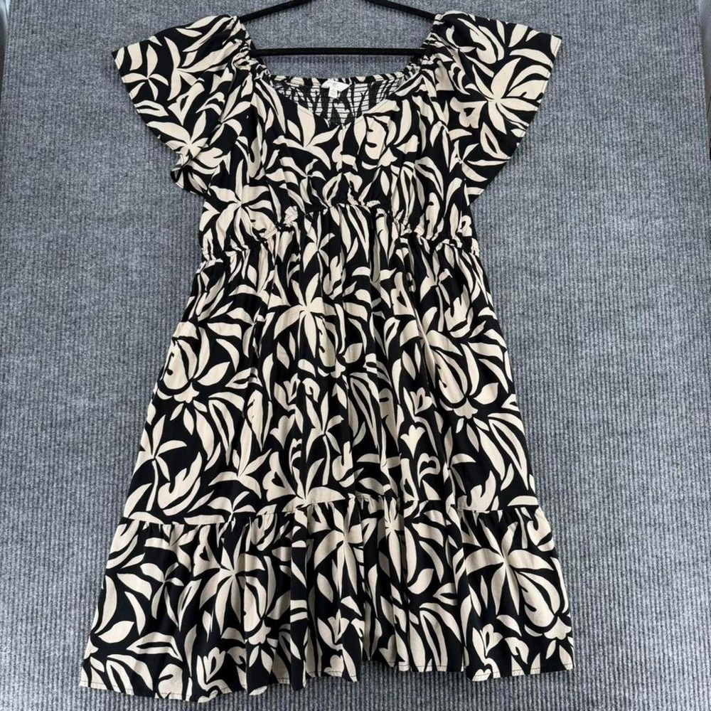 Terra & Sky 3X 24W 26W black beige tropical print dress with pockets boho rayon